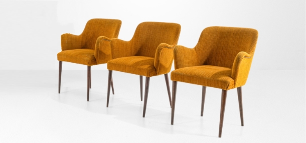 Gruppo 10 poltroncine Osvaldo Borsani mod 7421 legno imbottito tessuto A 126 SE