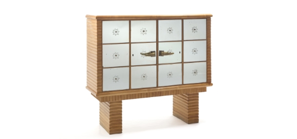 Mobile bar Osvaldo Borsani 1939 ciliegio acero ottone vetro specchiato motivi floreali A 067 M