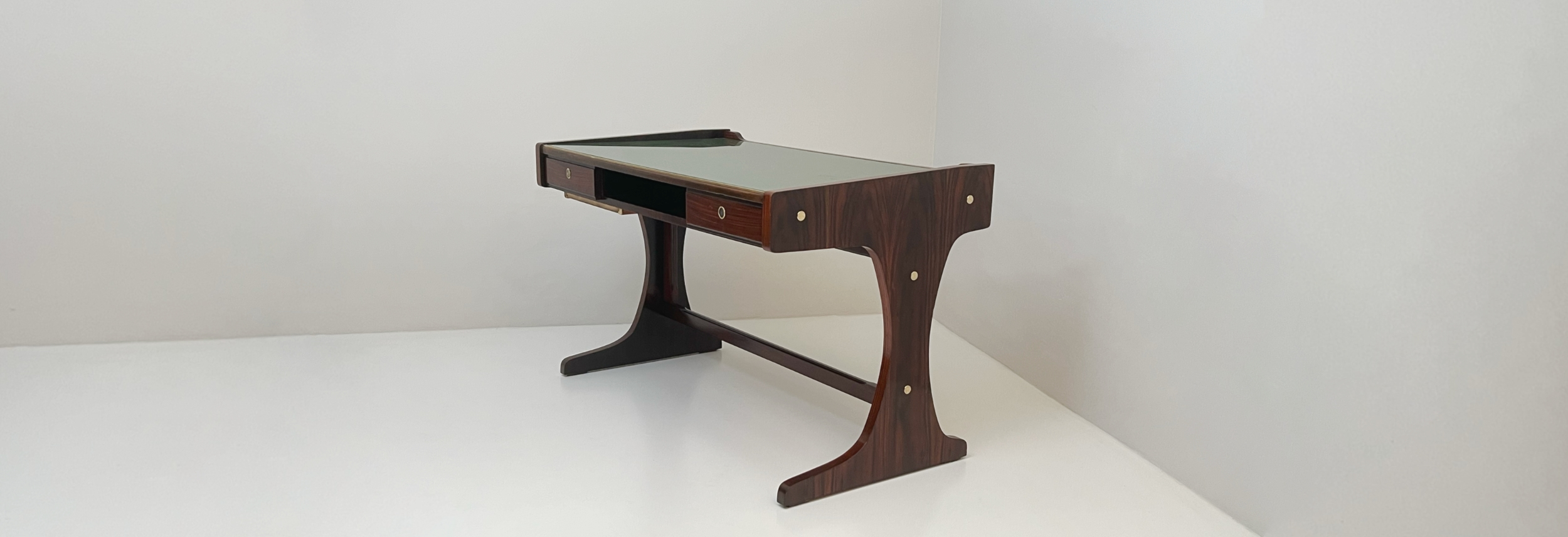 Scrivania anni50 legno vetro verde tiretto pergamena due cassetti ottone 023 SC