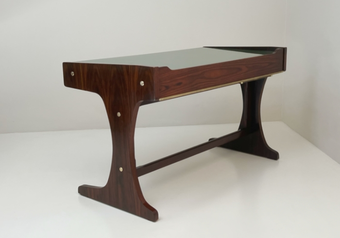 Scrivania anni50 legno vetro verde tiretto pergamena due cassetti ottone P1 023 SC 1