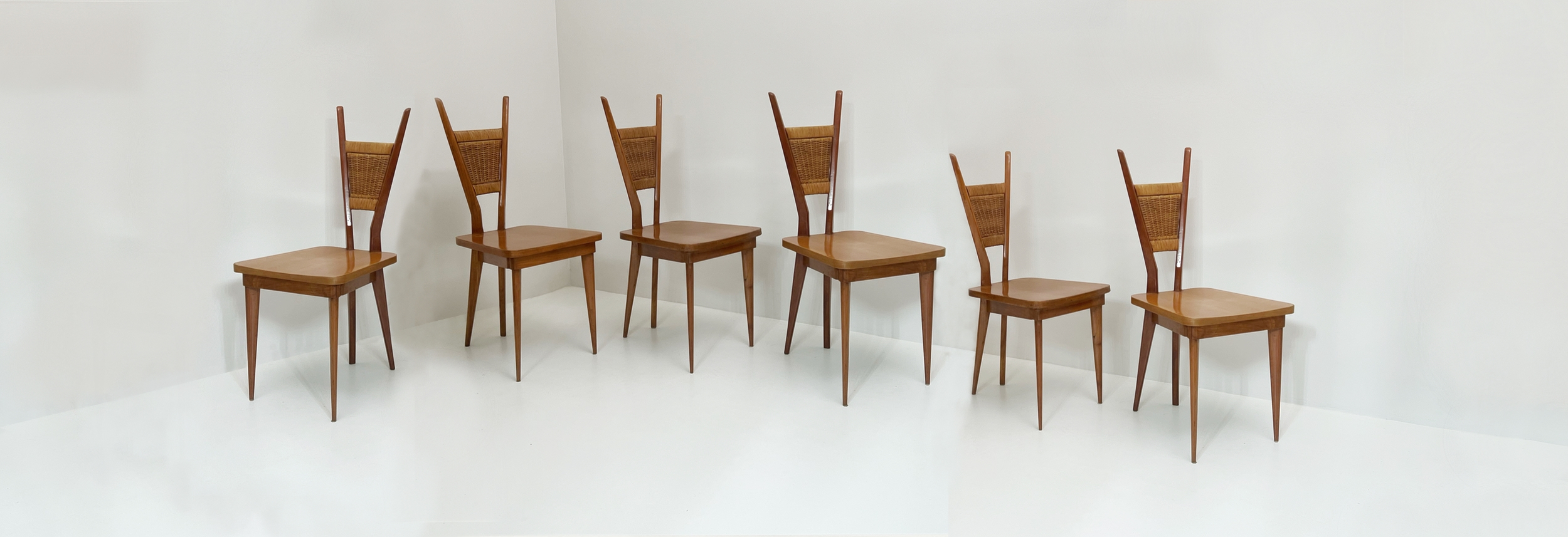 set di sei sedie anni50 in legno e midollino 097 SE